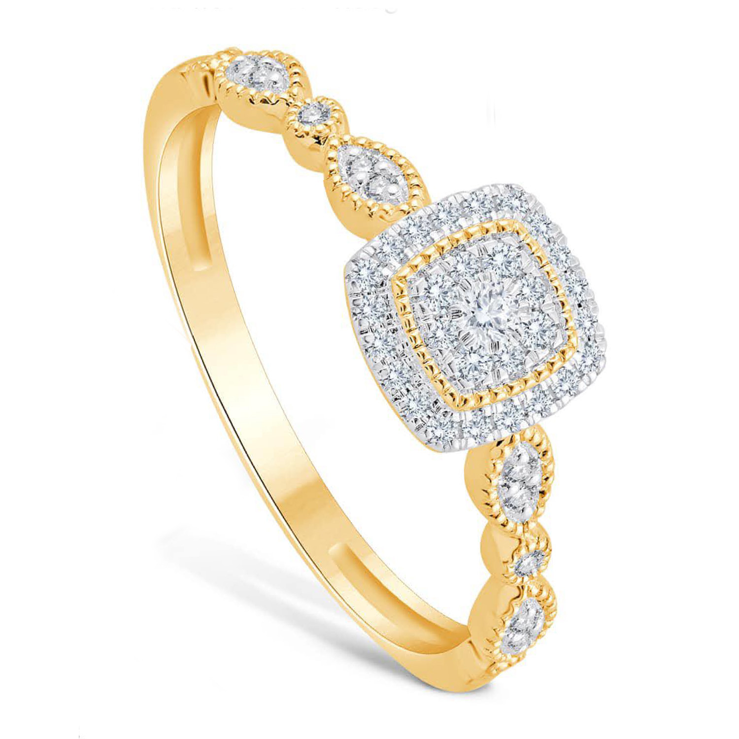 anillo de compromiso con diamantes pave en oro amarillo 18k